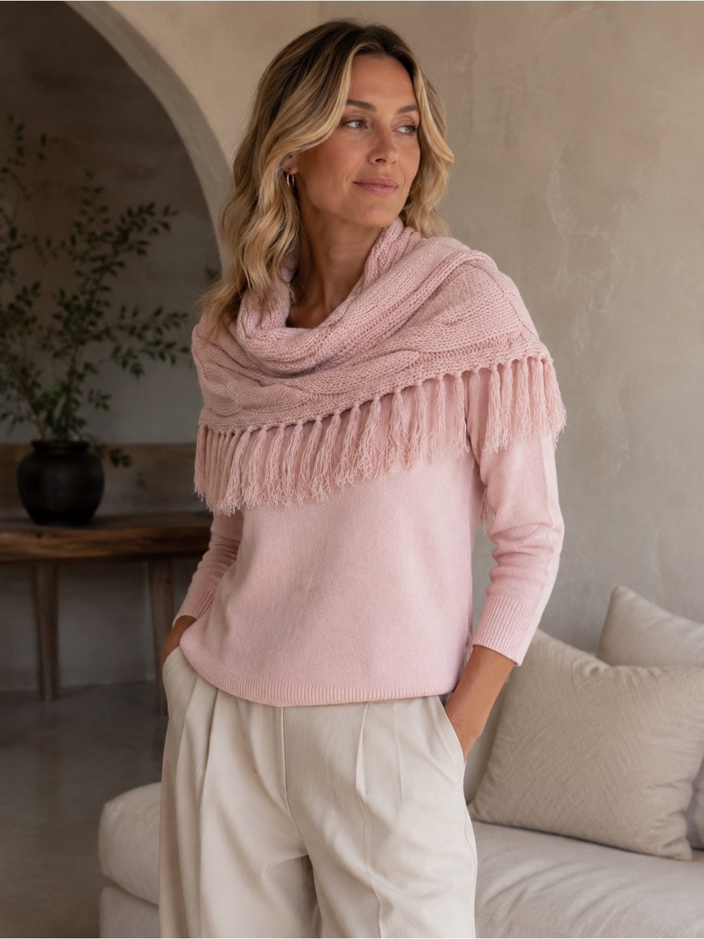Blush Pink Metallic Fringe Sweater Cozy Boho Cowl Neck M
